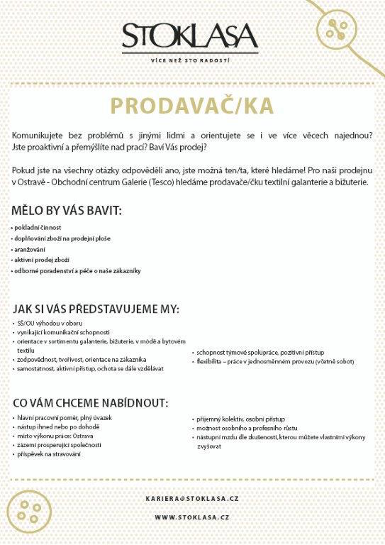 Volná pracovní pozice: Prodavačka Ostrava-Třebovice