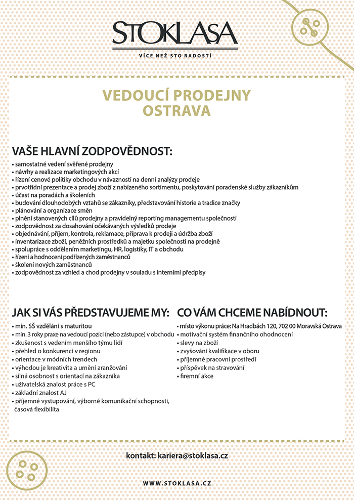 Vedoucí prodejny Ostrava