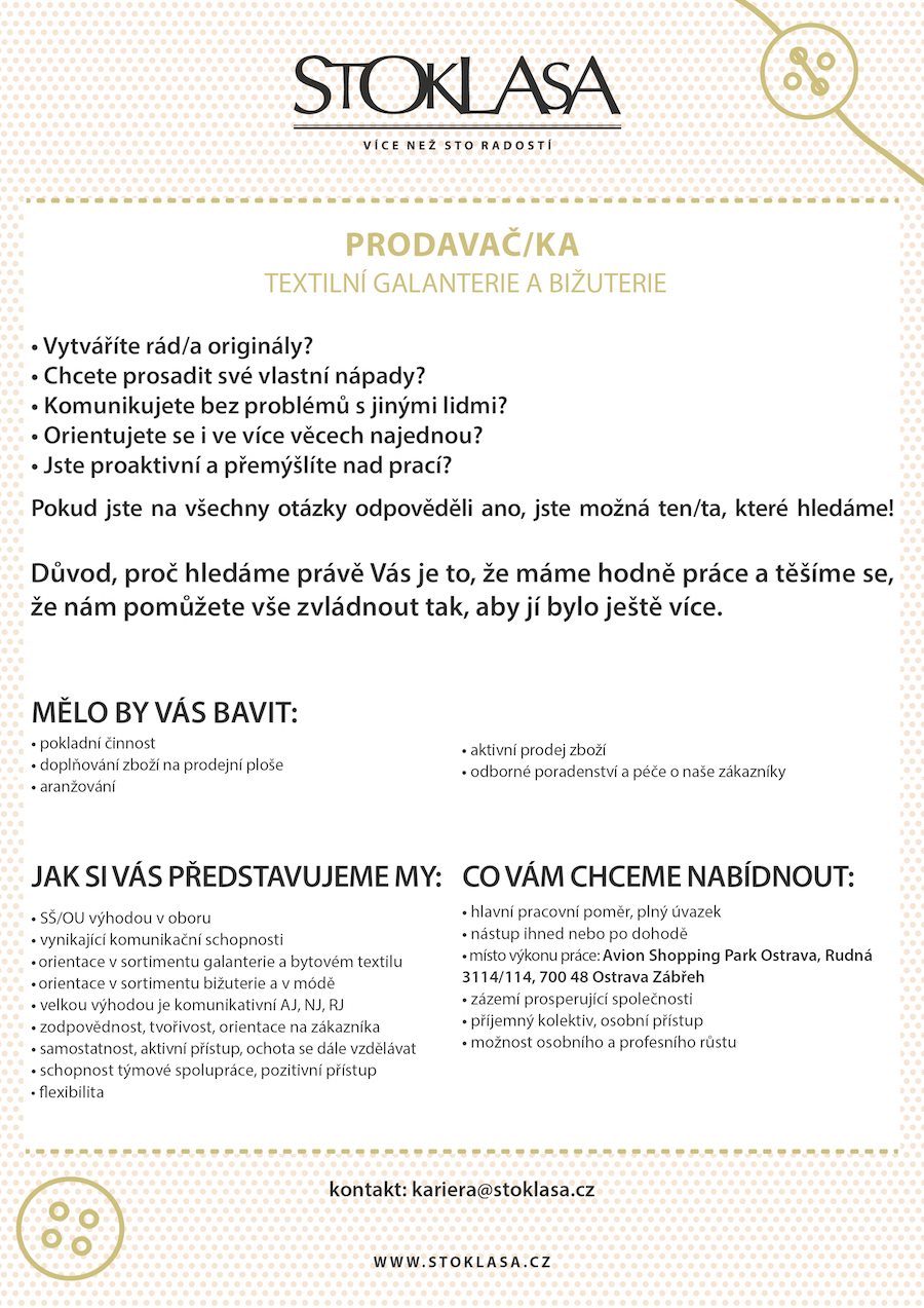 Volná pracovní pozice: Prodavačka Ostrava-Zábřeh