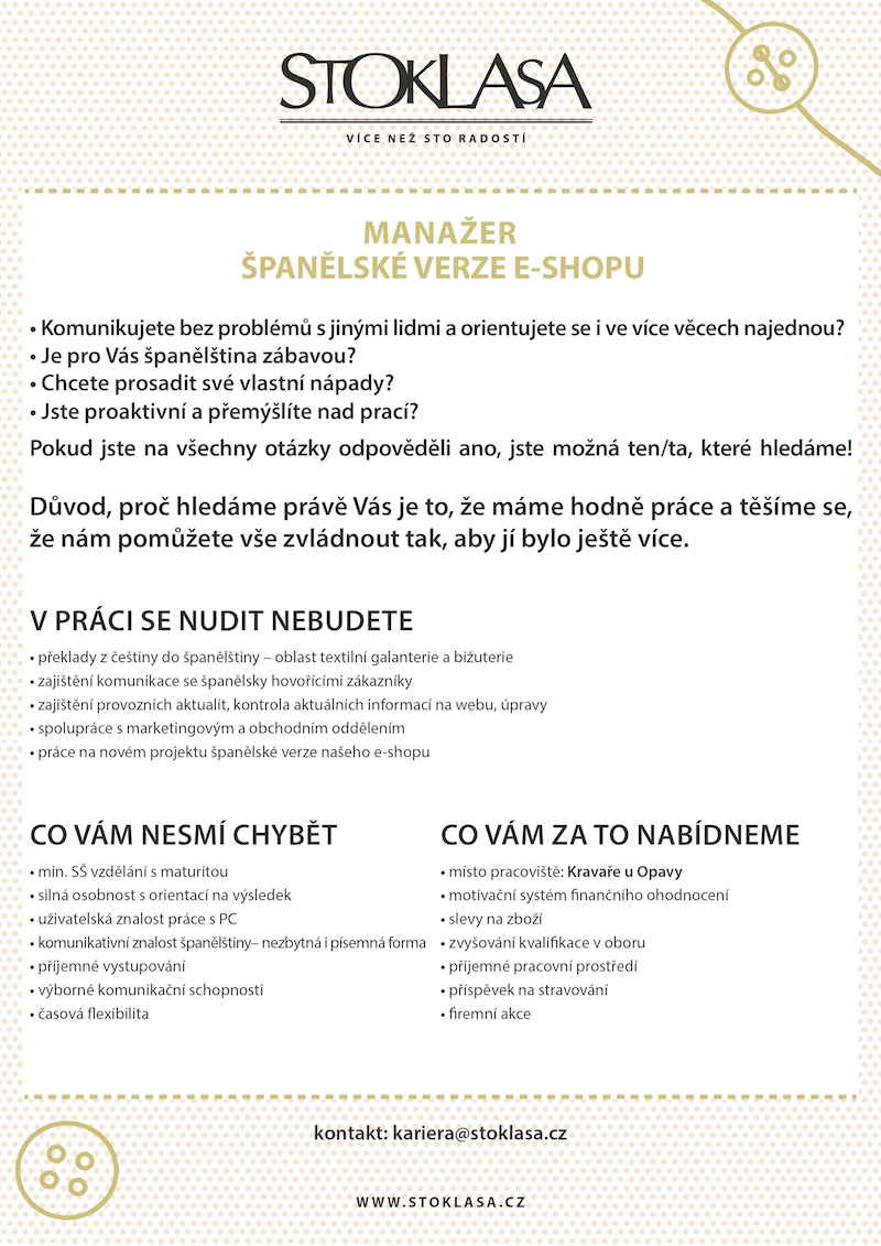 Volná pracovní pozice: Manažer španělské verze e-shopu